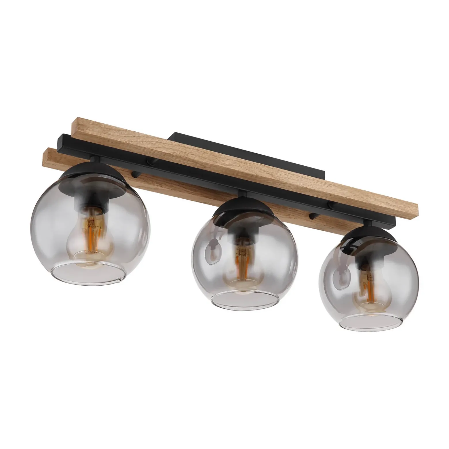 Lámpara de techo Conni, longitud 60 cm, gris humo, madera/vidrio, 3 luces.