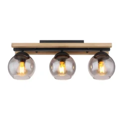 Lámpara de techo Conni, longitud 60 cm, gris humo, madera/vidrio, 3 luces.