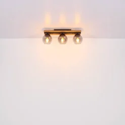 Lámpara de techo Conni, longitud 60 cm, gris humo, madera/vidrio, 3 luces.
