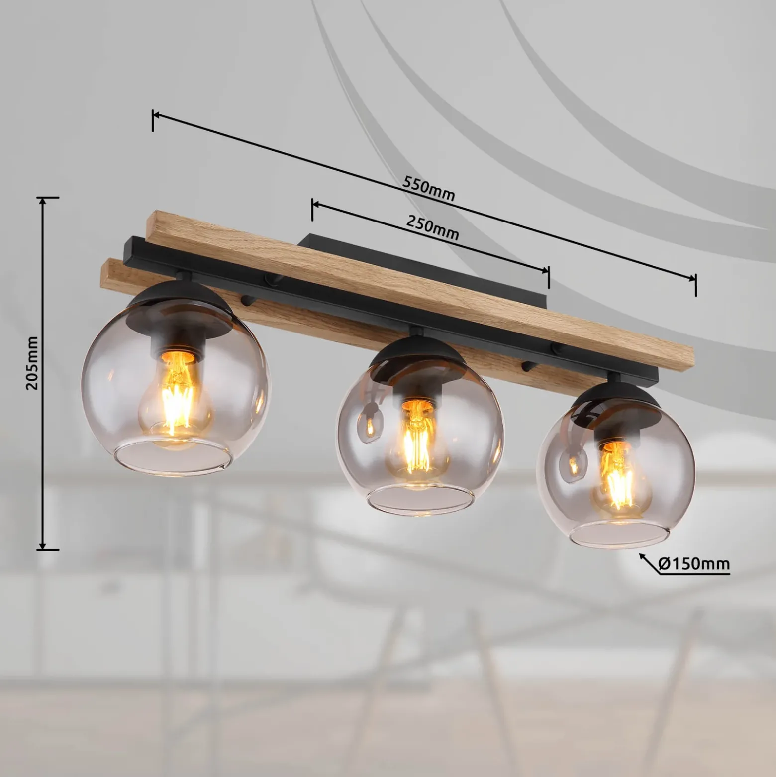 Lámpara de techo Conni, longitud 60 cm, gris humo, madera/vidrio, 3 luces.