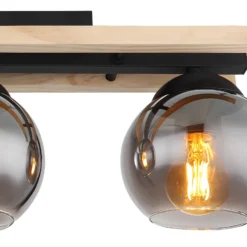 Lámpara de techo Conni, longitud 60 cm, gris humo, madera/vidrio, 3 luces.