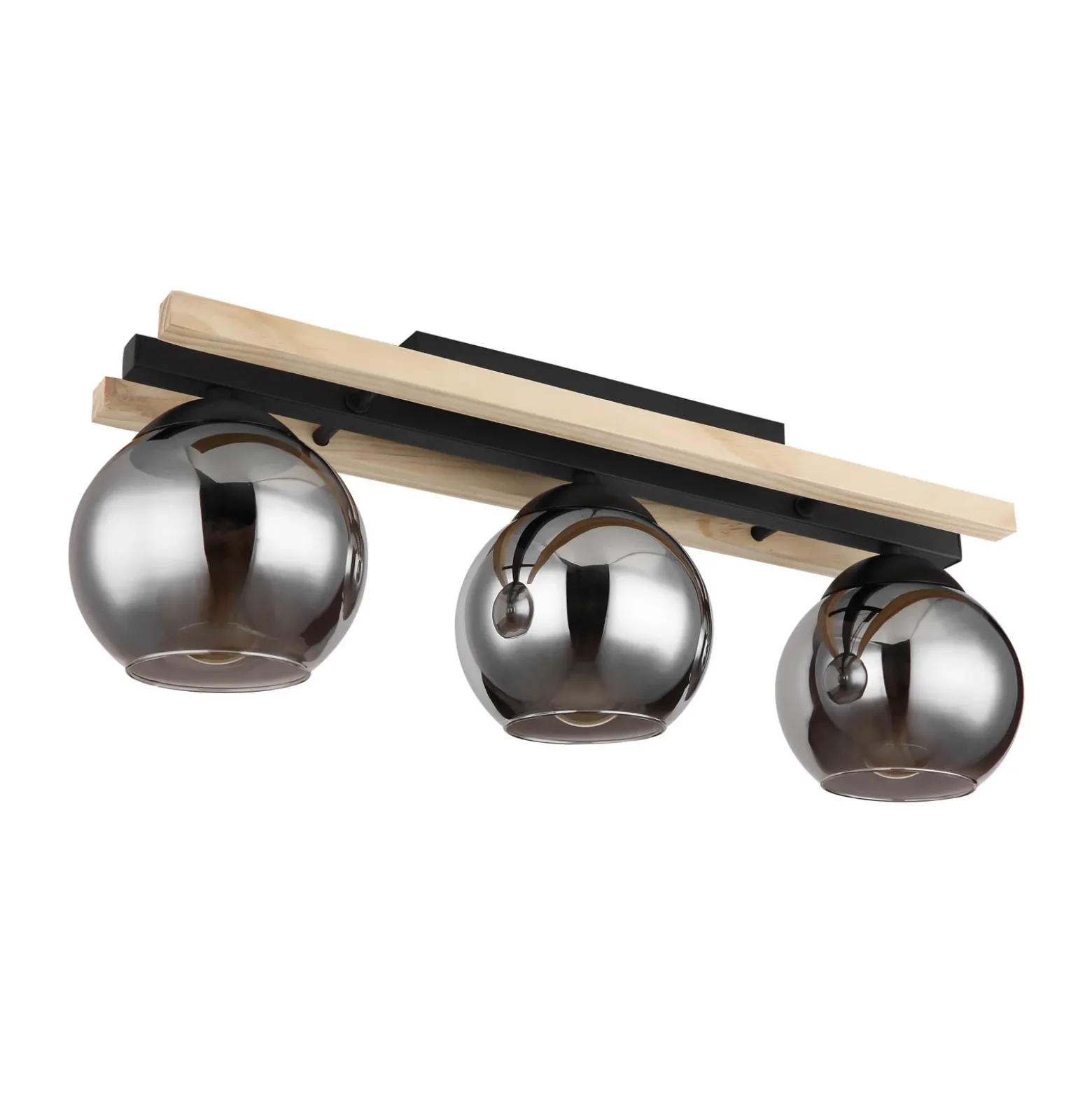 Lámpara de techo Conni, longitud 60 cm, gris humo, madera/vidrio, 3 luces.