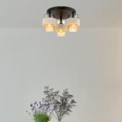 Lámpara de techo Daren, 3 luces, beige/ámbar/negro, Ø 38 cm, E27