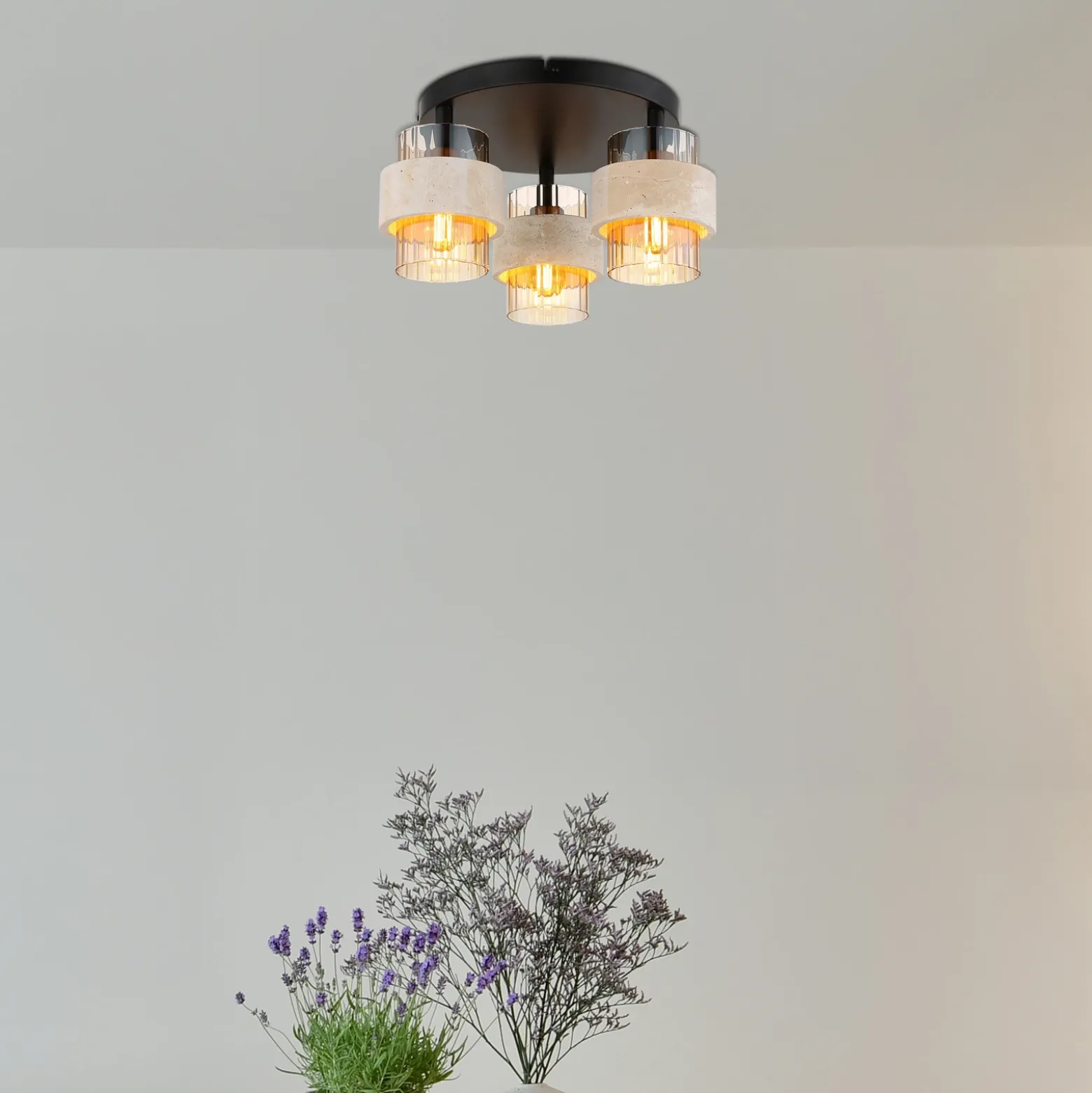 Lámpara de techo Daren, 3 luces, beige/ámbar/negro, Ø 38 cm, E27