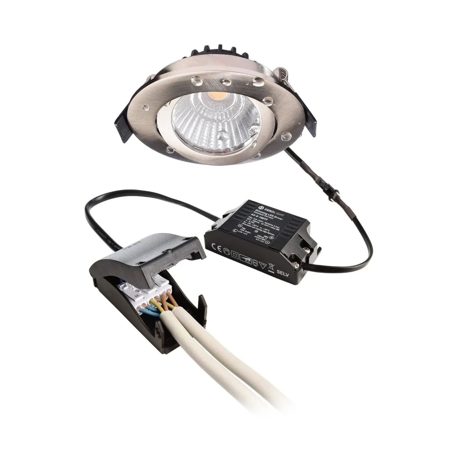 Lámpara de techo empotrable LED Dione, IP44, níquel, atenuable a cálida