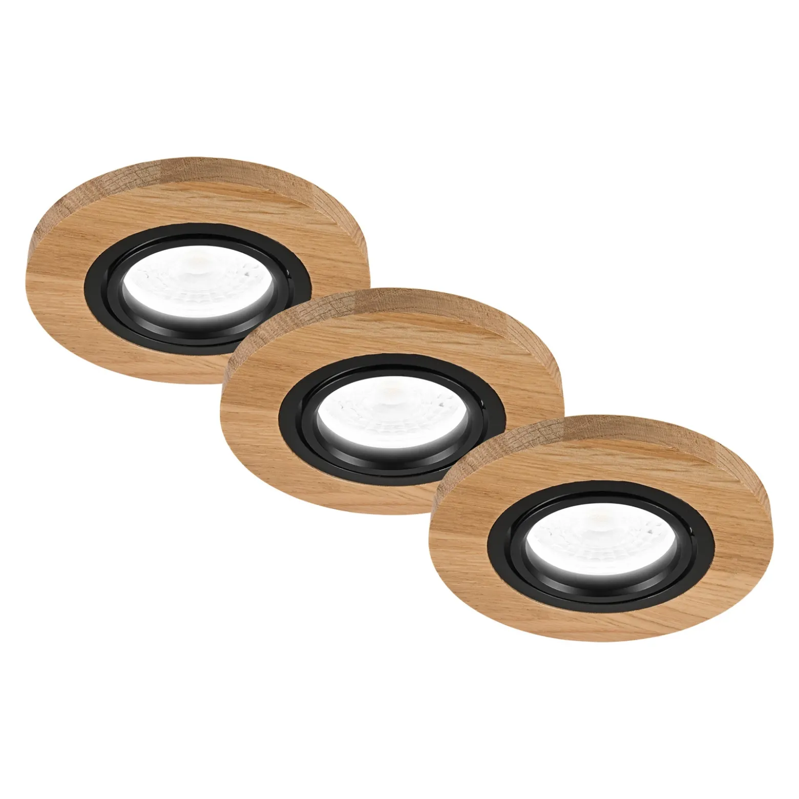 Lámpara de techo empotrable Tobby, Ø 10 cm, juego de 3, madera de roble GU10