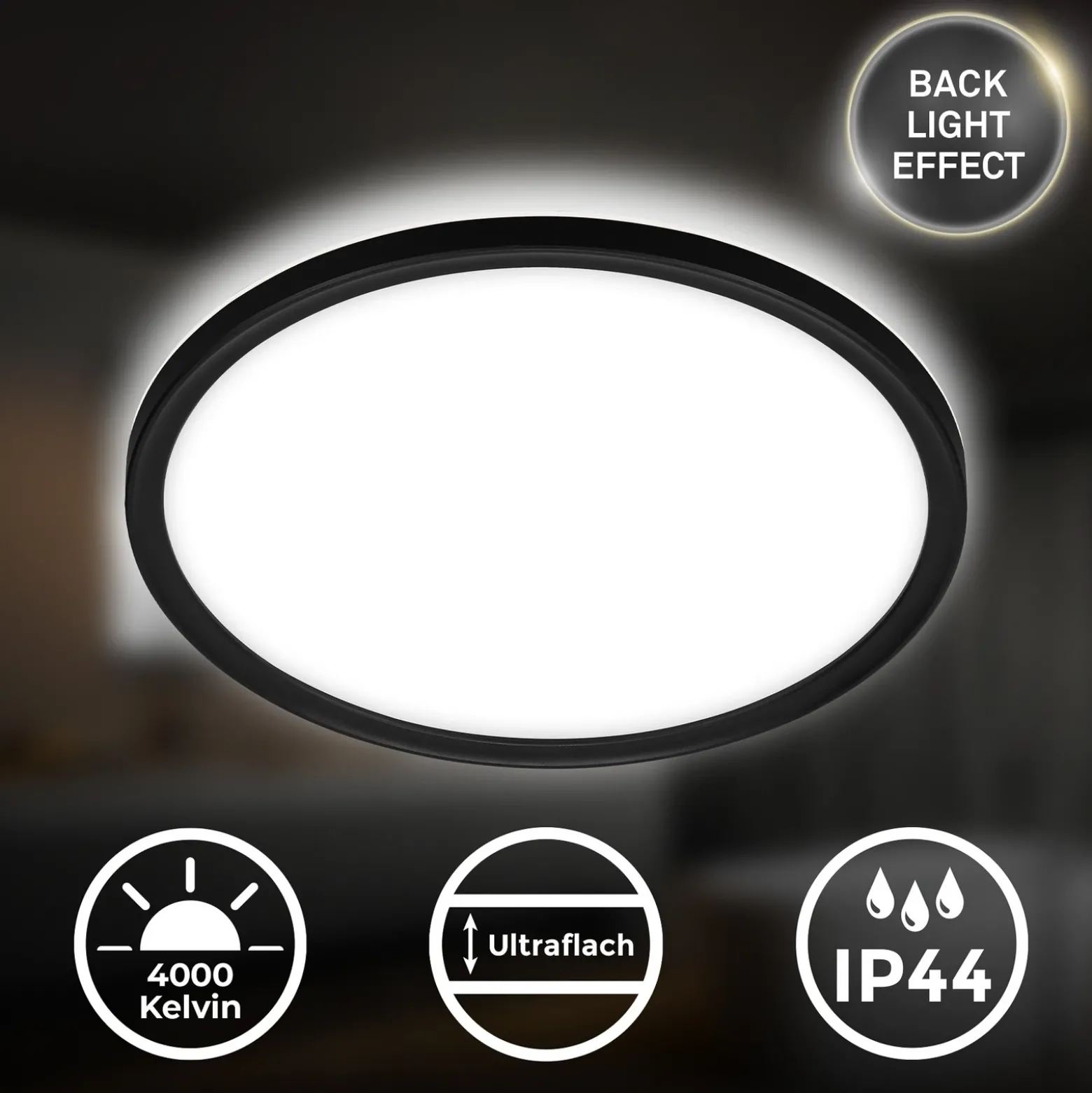 Lámpara de techo LED para baño Slim Drip, negra, Ø 29 cm, IP44