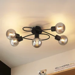 Lámpara de techo Lindby Elaina, 66 cm, 5 luces, negro/humo, E14
