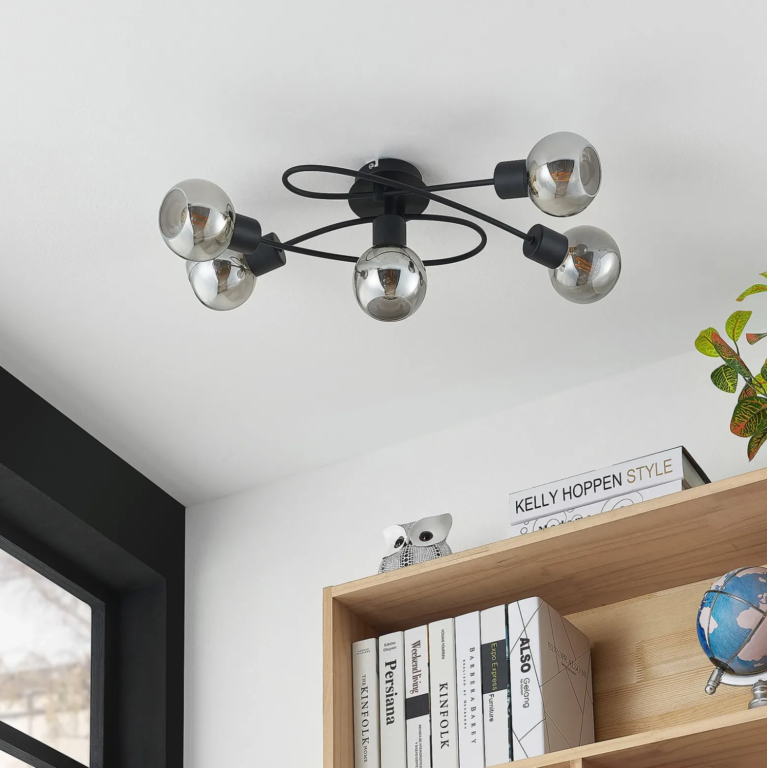 Lámpara de techo Lindby Elaina, 66 cm, 5 luces, negro/humo, E14