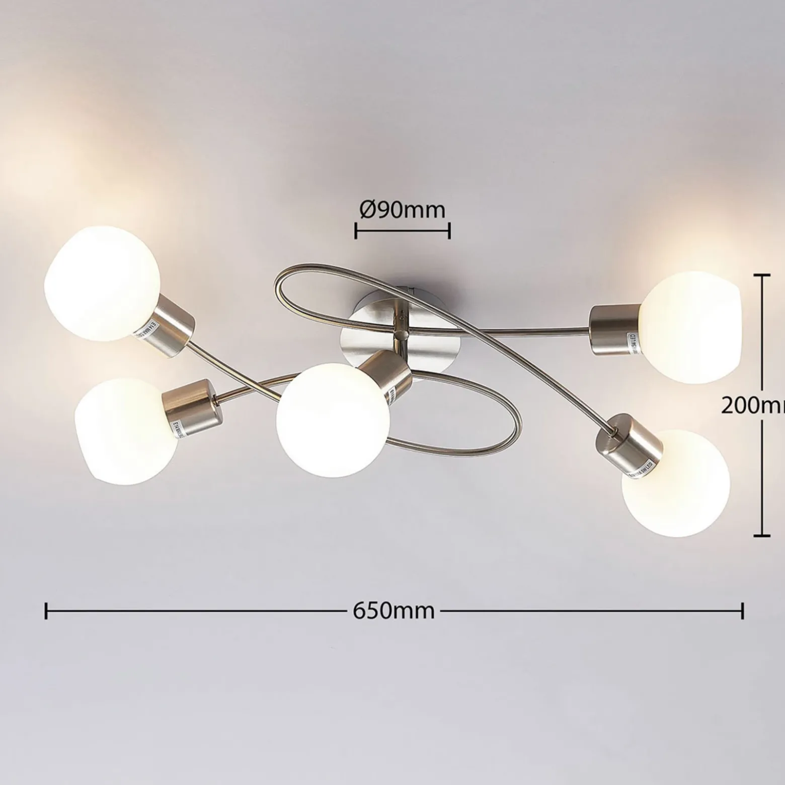 Lámpara de techo Lindby Elaina, 65 cm, 5 luces, níquel, cristal, E14