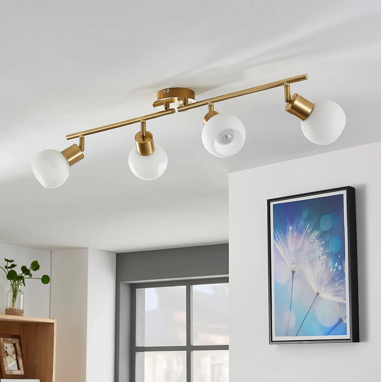 Lámpara de techo Lindby Elaina, 70cm, 4 luces, latón, cristal, E14