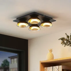Lámpara de techo Lindby Erin, 4 luces, 30 cm, negro/oro, cristal