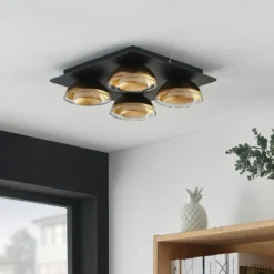 Lámpara de techo Lindby Erin, 4 luces, 30 cm, negro/oro, cristal