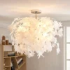 Lámpara de techo Lindby Maple, Ø 70 cm, cromada, blanca, de tela