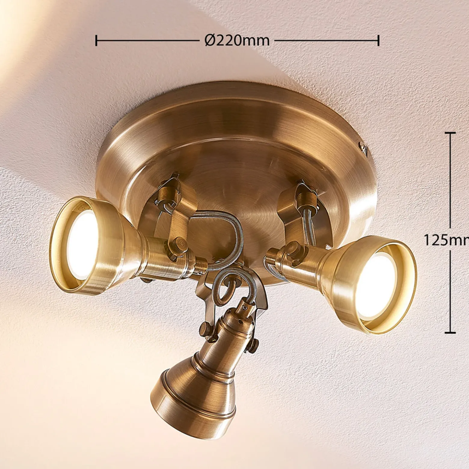 Lámpara de techo Lindby Perseas, Ø 22cm, 3 luces, latón antiguo, GU10