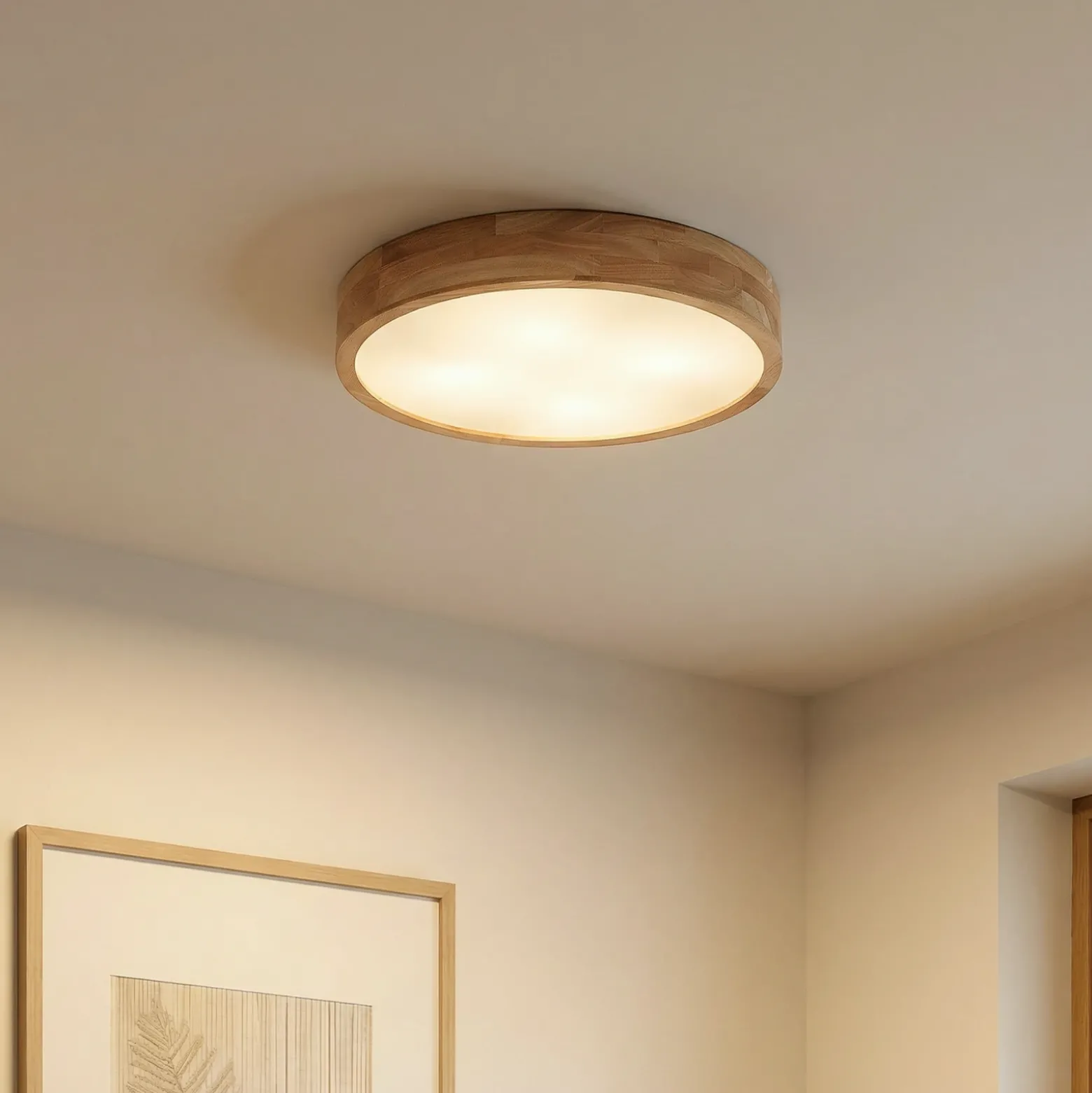 Lámpara de techo Lindby Tanju, Ø 50 cm, 4 luces, madera de caucho, E27