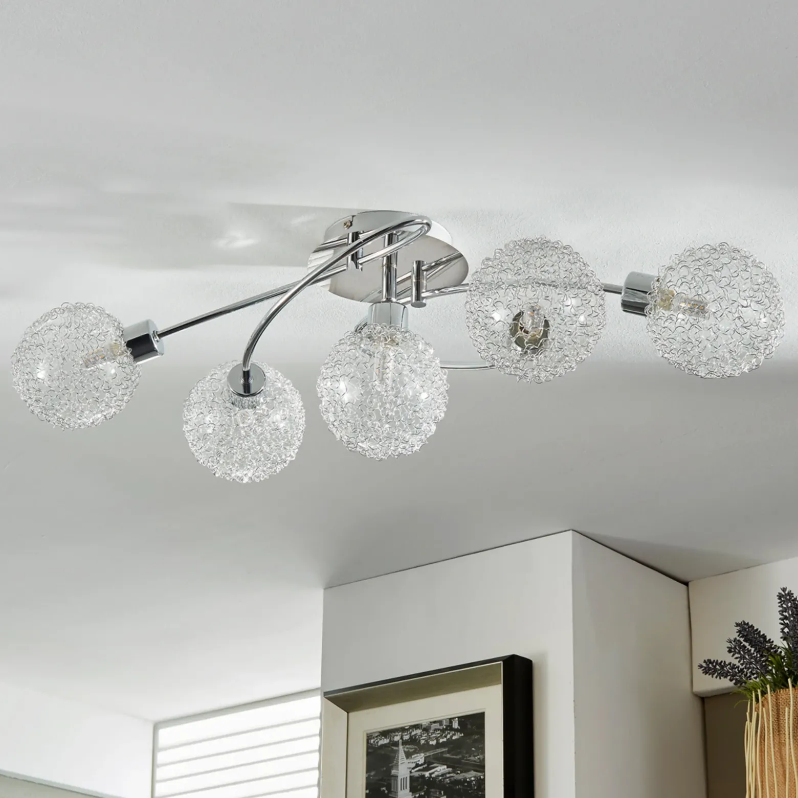 Lámpara de techo Lindby Ticino, 65 cm, 5 luces, metal, cristal