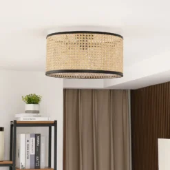 Lámpara de techo Lindby Yaelle, Ø 40 cm, ratán, negro, E27
