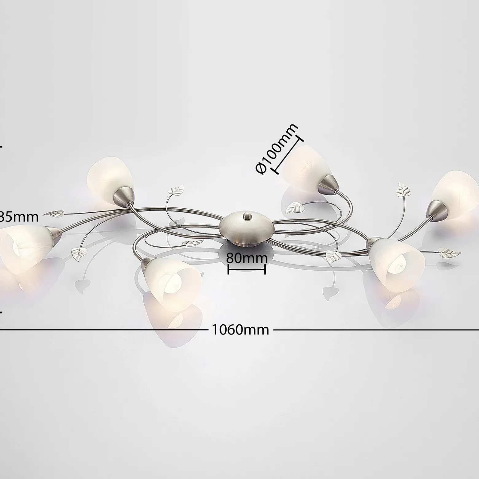 Lámpara de techo Lindby Yannie, 6 luces, 106 cm, níquel/blanco, cristal