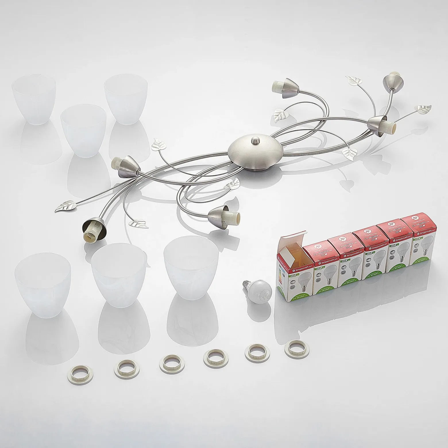 Lámpara de techo Lindby Yannie, 6 luces, 106 cm, níquel/blanco, cristal
