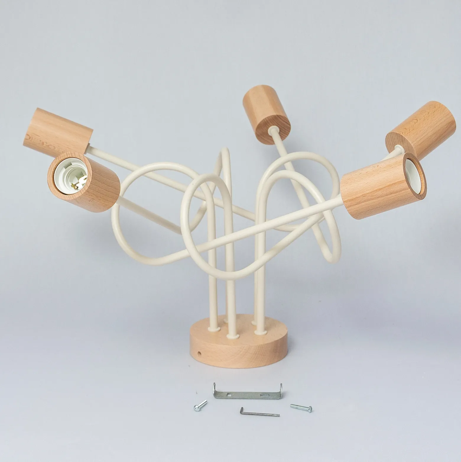 Lámpara de techo Oxford, beige arena, madera, metal, 5 luces, Ø 47 cm