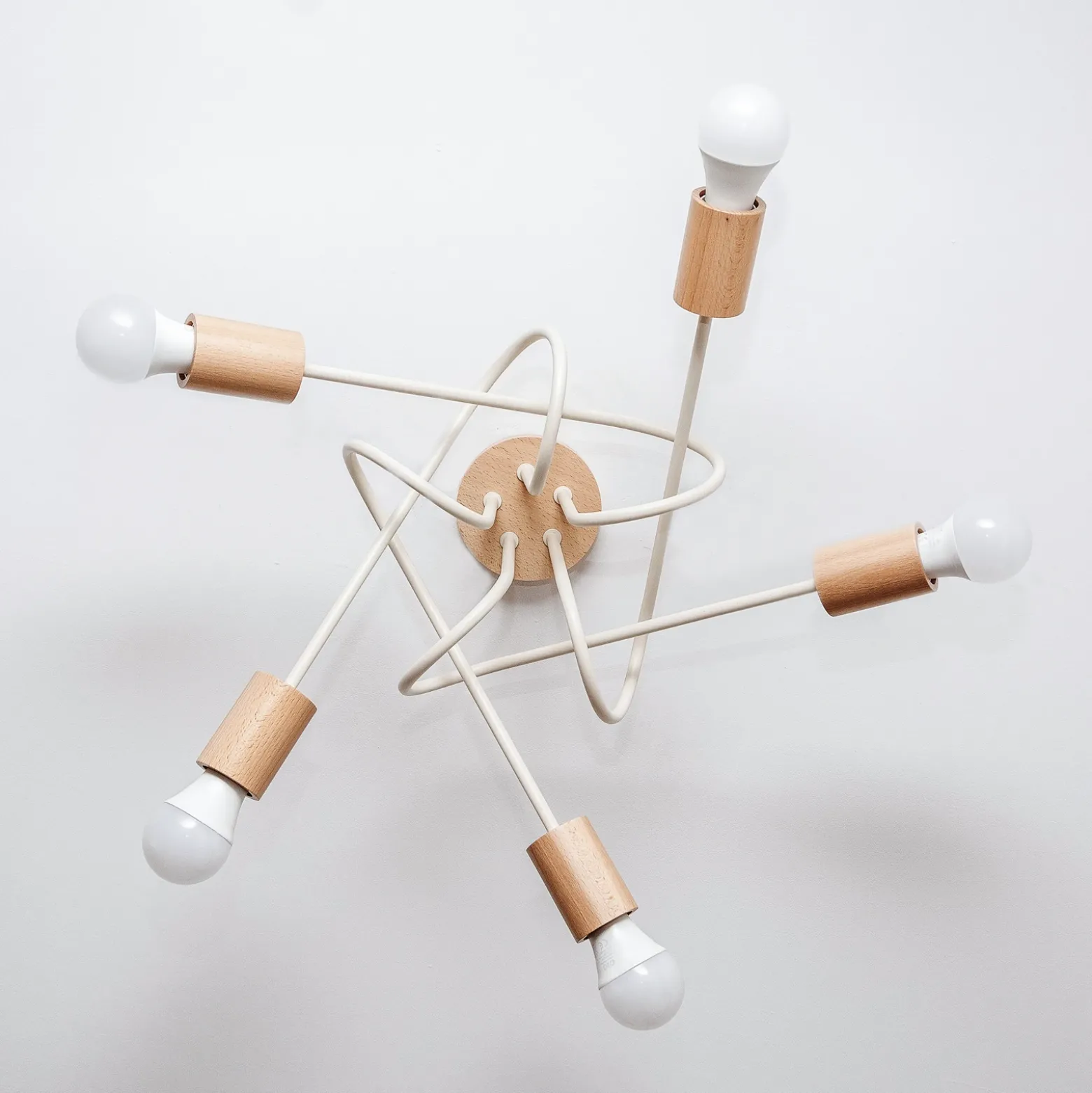 Lámpara de techo Oxford, beige arena, madera, metal, 5 luces, Ø 47 cm
