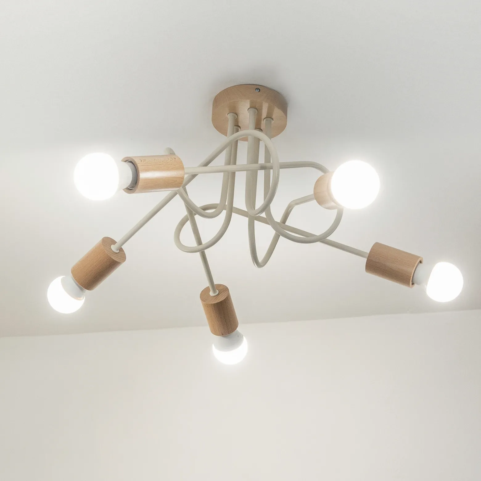 Lámpara de techo Oxford, beige arena, madera, metal, 5 luces, Ø 47 cm