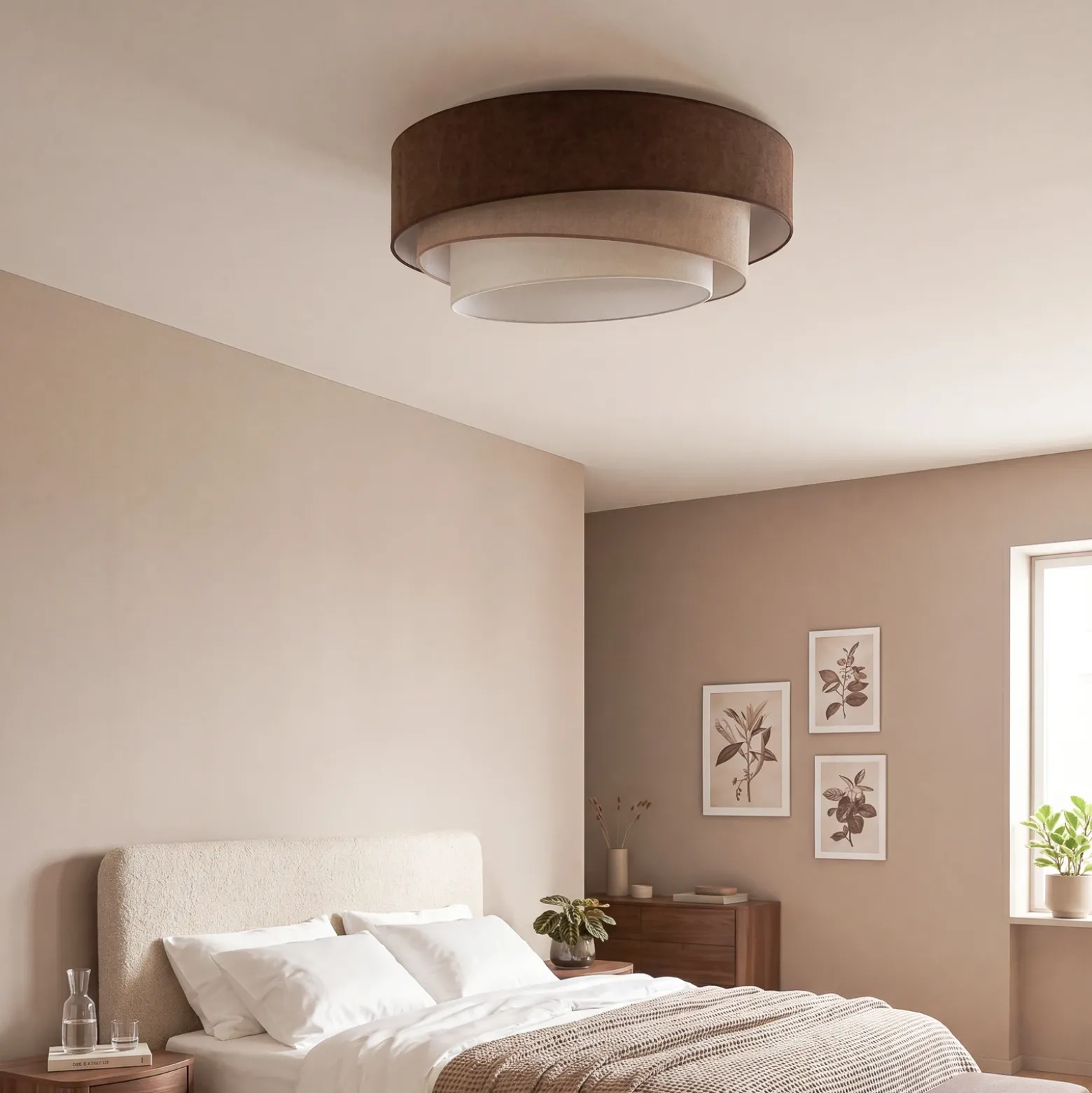 Lámpara de techo Trio, marrón/beige, Ø 60 cm, tejido, E27