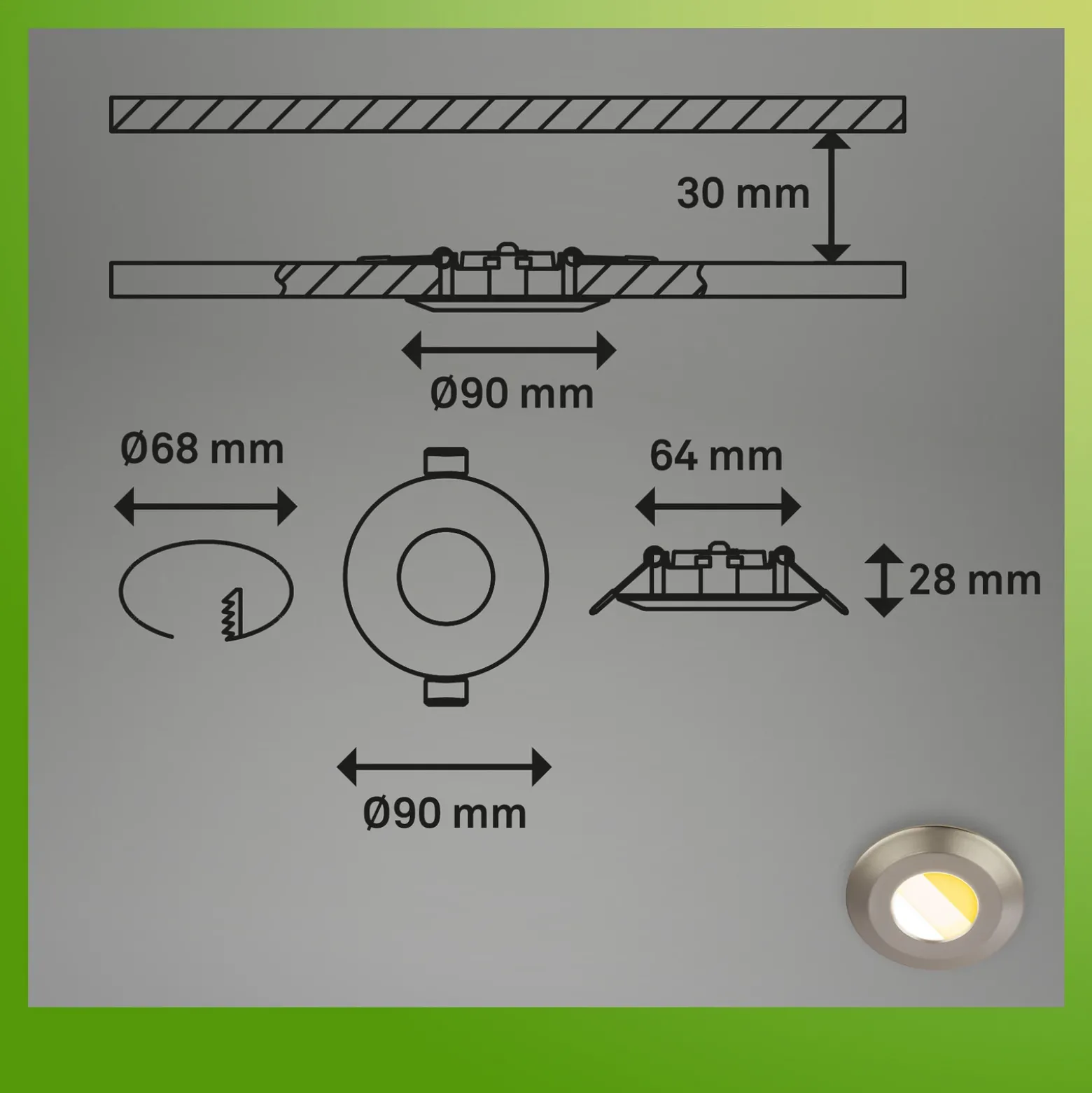 Lámpara empotrable LED Klira, níquel, Ø 9 cm, IP44, atenuable, juego de 3