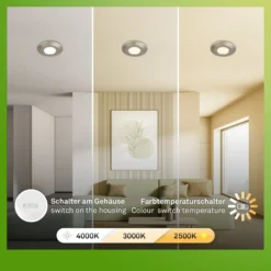 Lámpara empotrable LED Klira, níquel mate, Ø 9 cm, IP44, juego de 3