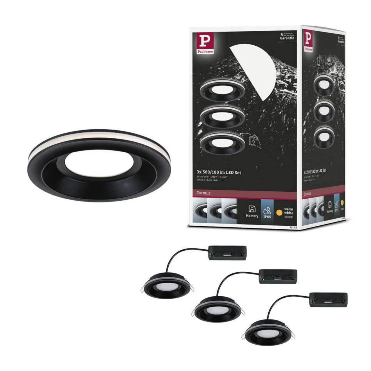 Lámpara empotrable LED Paulmann Sormus negra, Ø 10 cm, IP65, juego de 3