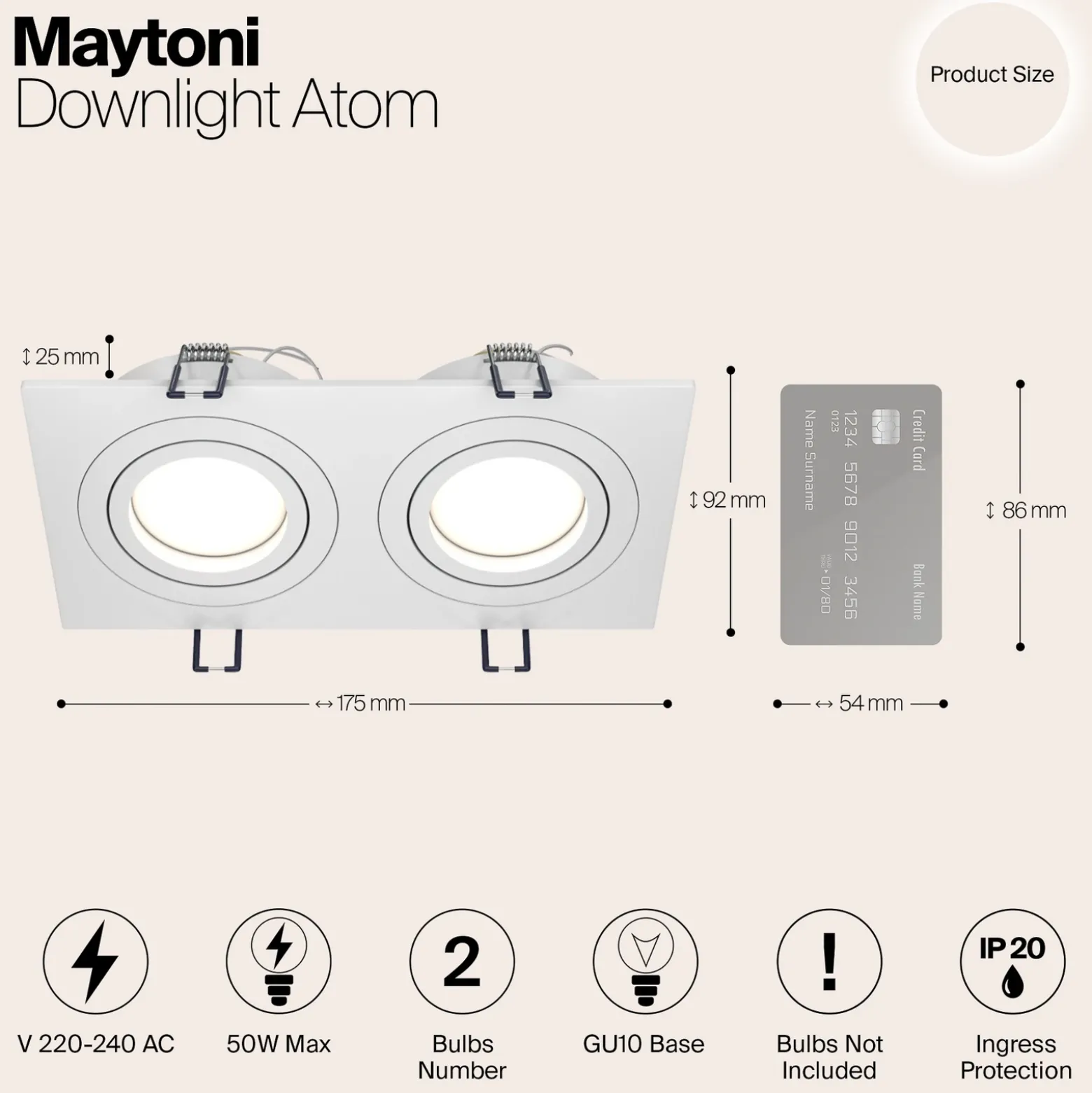 Lámpara empotrable Maytoni Atom, blanca, 2 luces, 17,5 x 9,2 cm