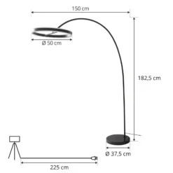Lámpara LED arqueada Lucande Yekta, negra, 183 cm, atenuable