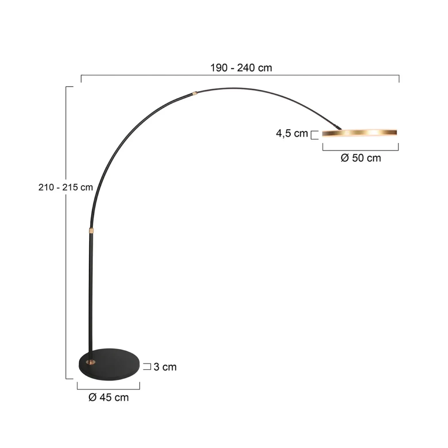 lámpara LED arqueada Ringlux, negro/dorado, metal, CCT, atenuable