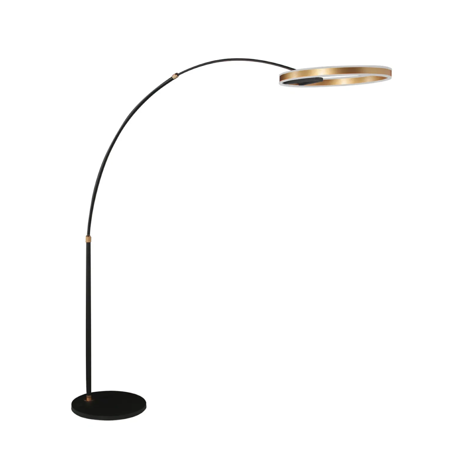 lámpara LED arqueada Ringlux, negro/dorado, metal, CCT, atenuable