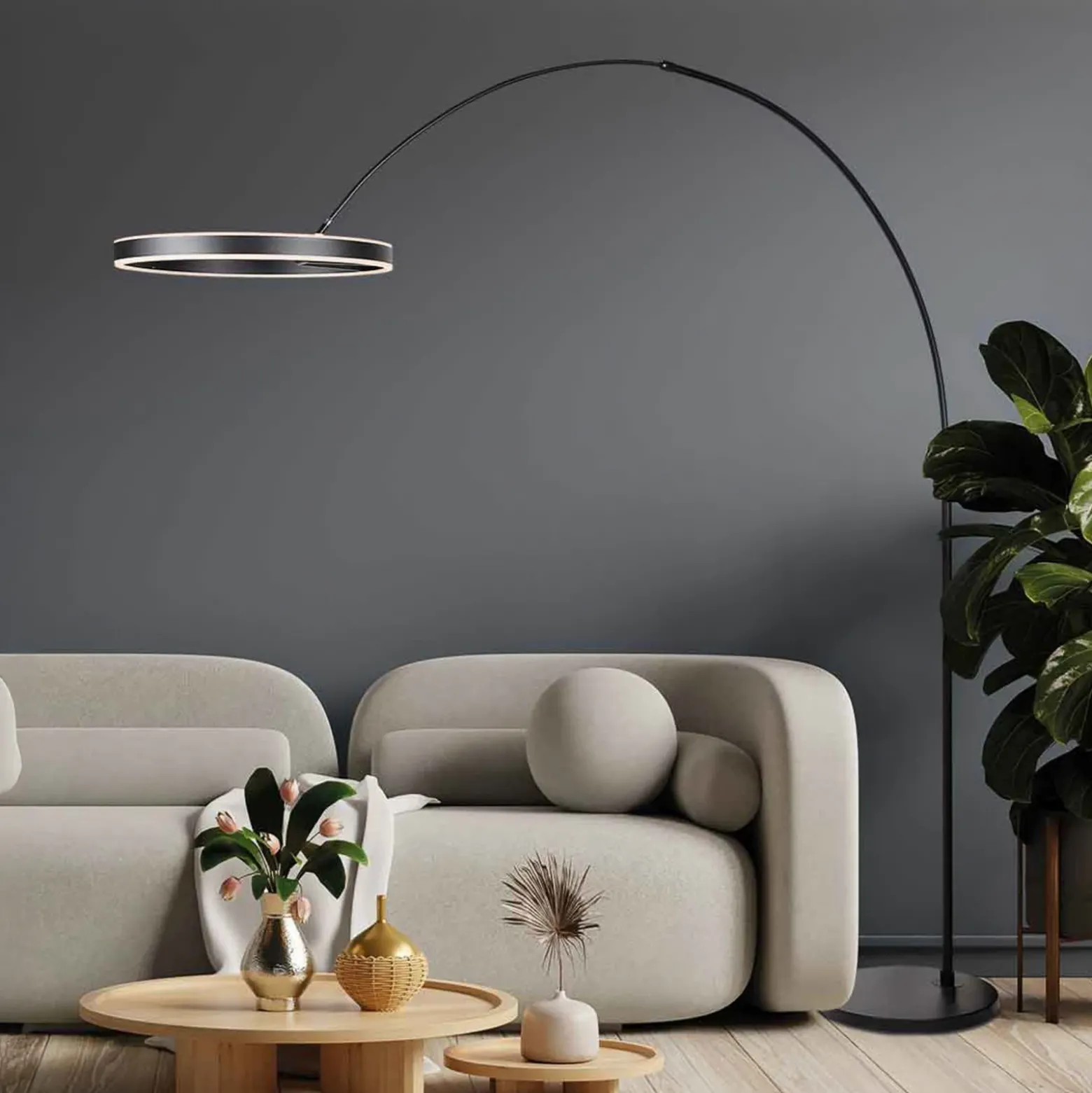 lámpara LED arqueada Ringlux, negra, metal, CCT, atenuador