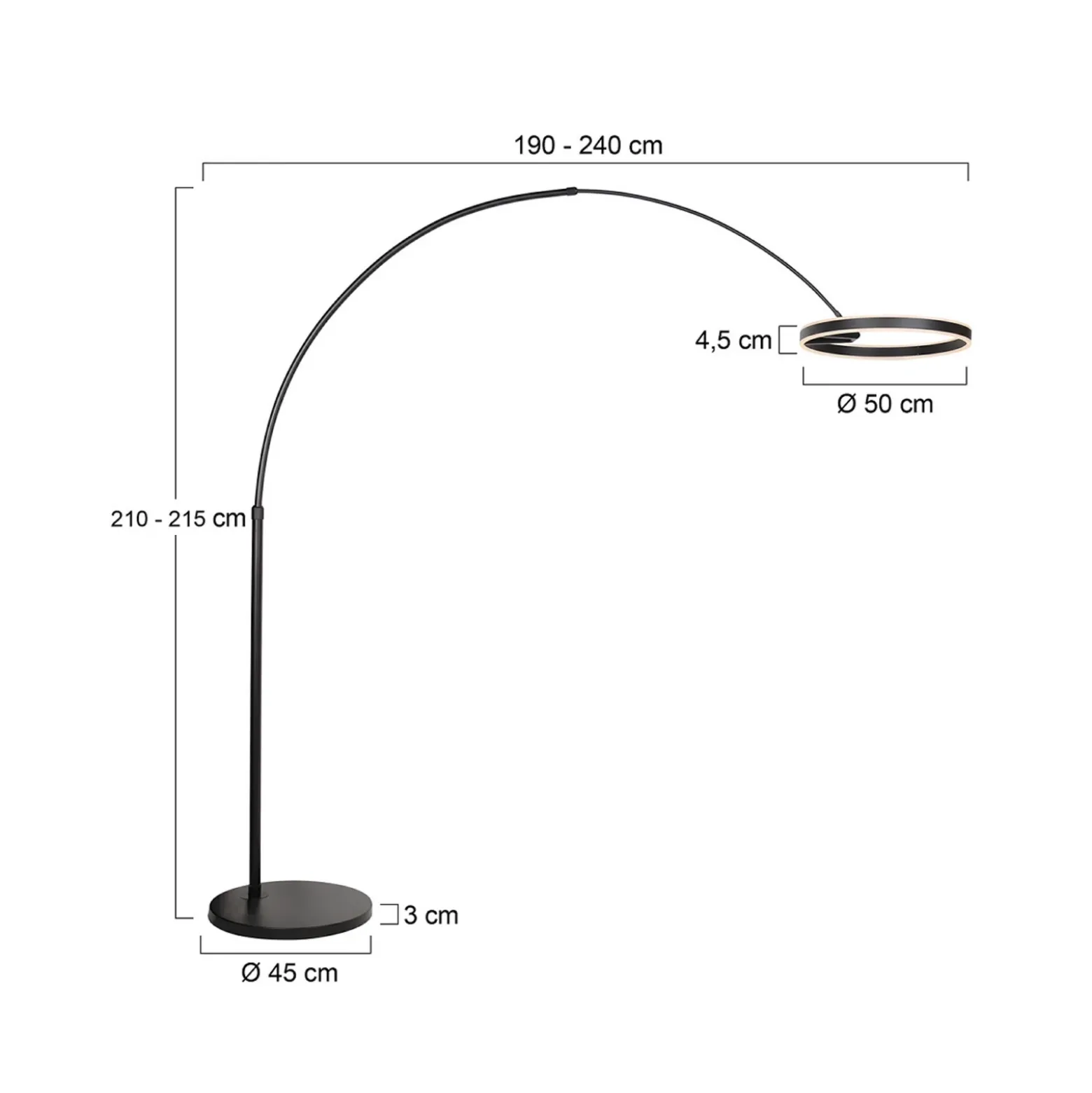 lámpara LED arqueada Ringlux, negra, metal, CCT, atenuador