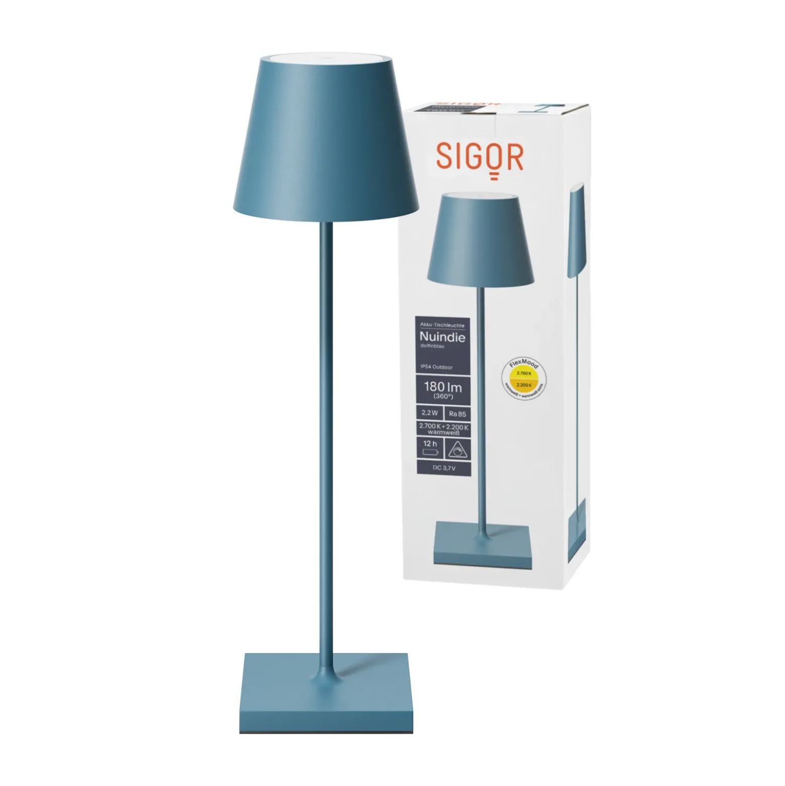 Lámpara LED de mesa con batería recargable Nuindie, USB-C, azul, IP54, atenuable