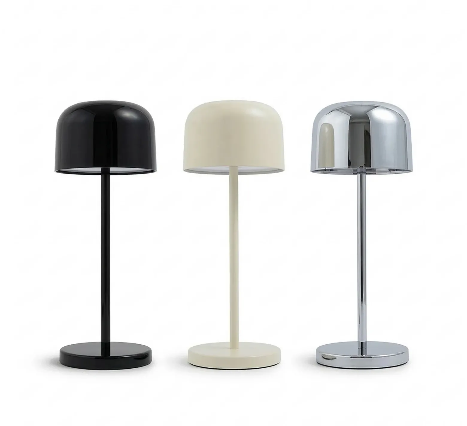 Lámpara LED de mesa recargable Quill cromada/beige/negra, estación de carga