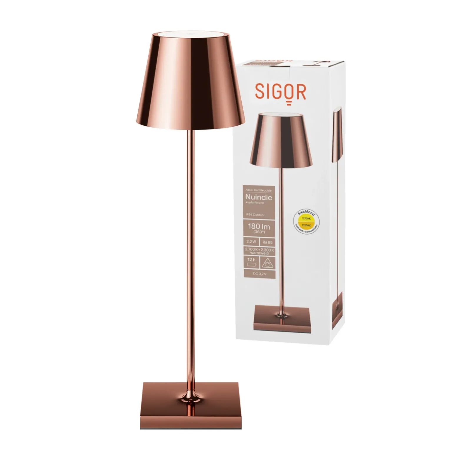 Lámpara LED de mesa recargable Nuindie, USB-C, cobre, IP54, atenuable