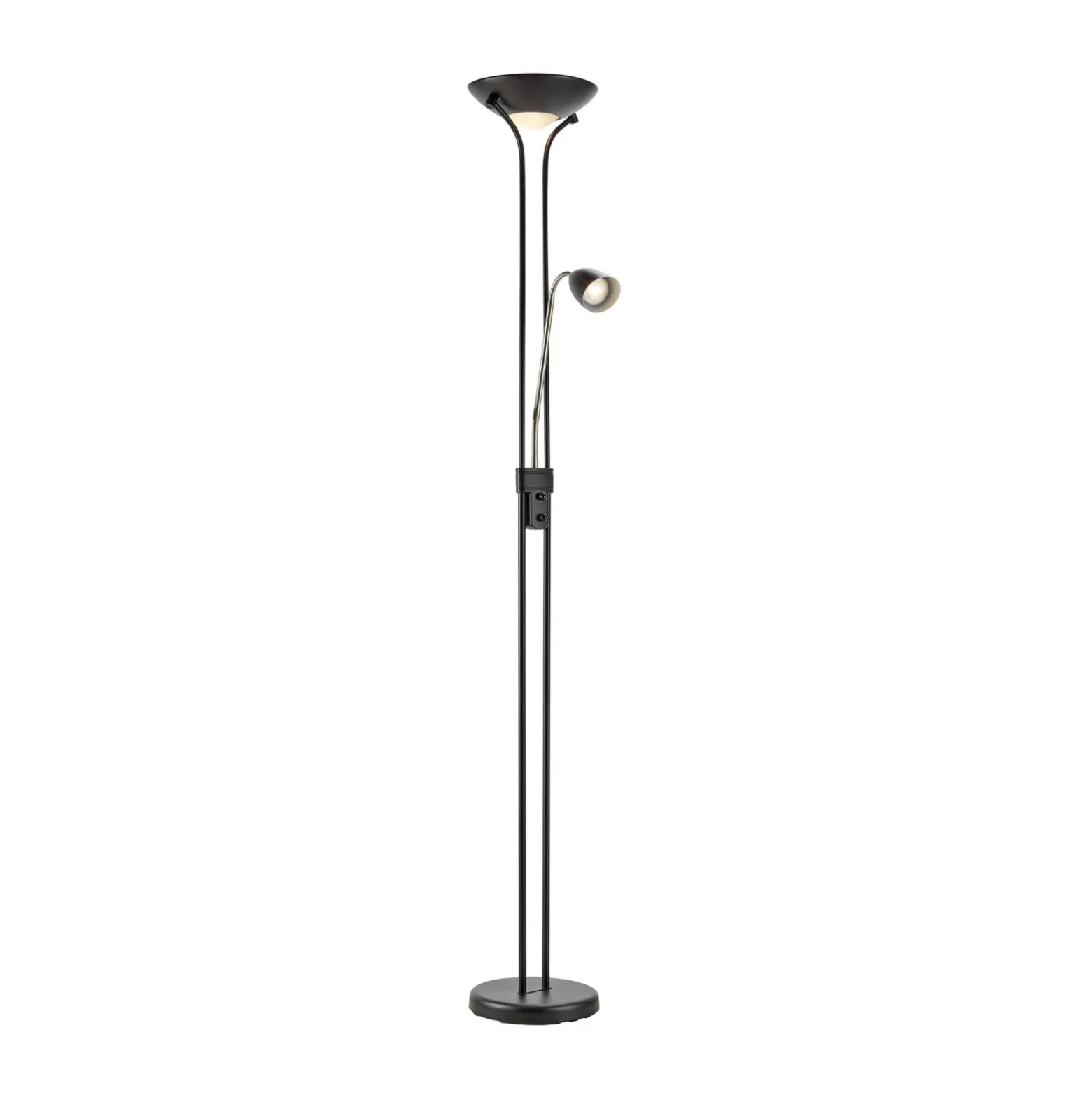 Lámpara LED de pie Modu, negra, brazo de lectura LED, altura 180 cm, atenuable.