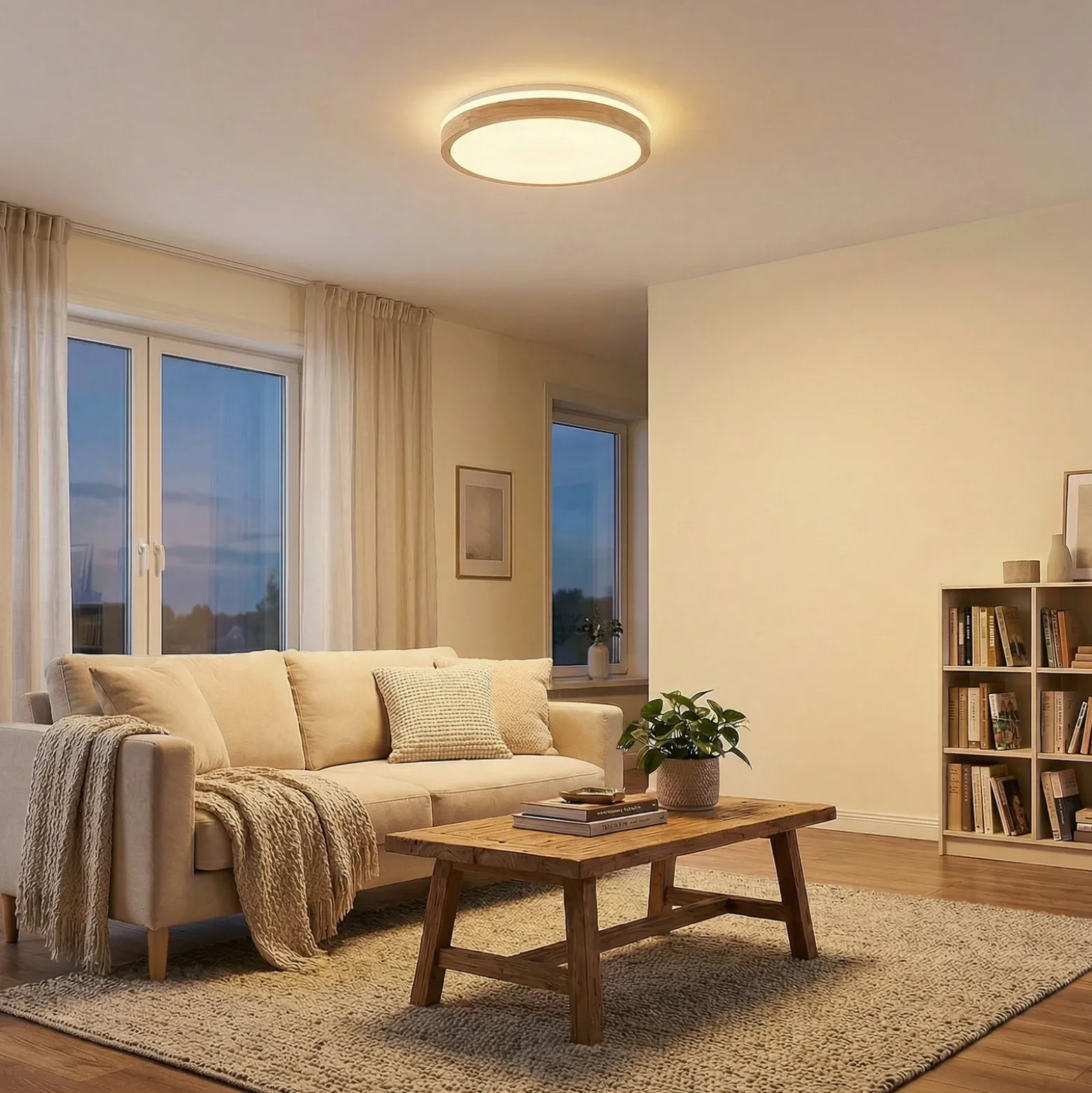 Lámpara LED de techo Lindby Emiva, Ø 49 cm, CCT, madera
