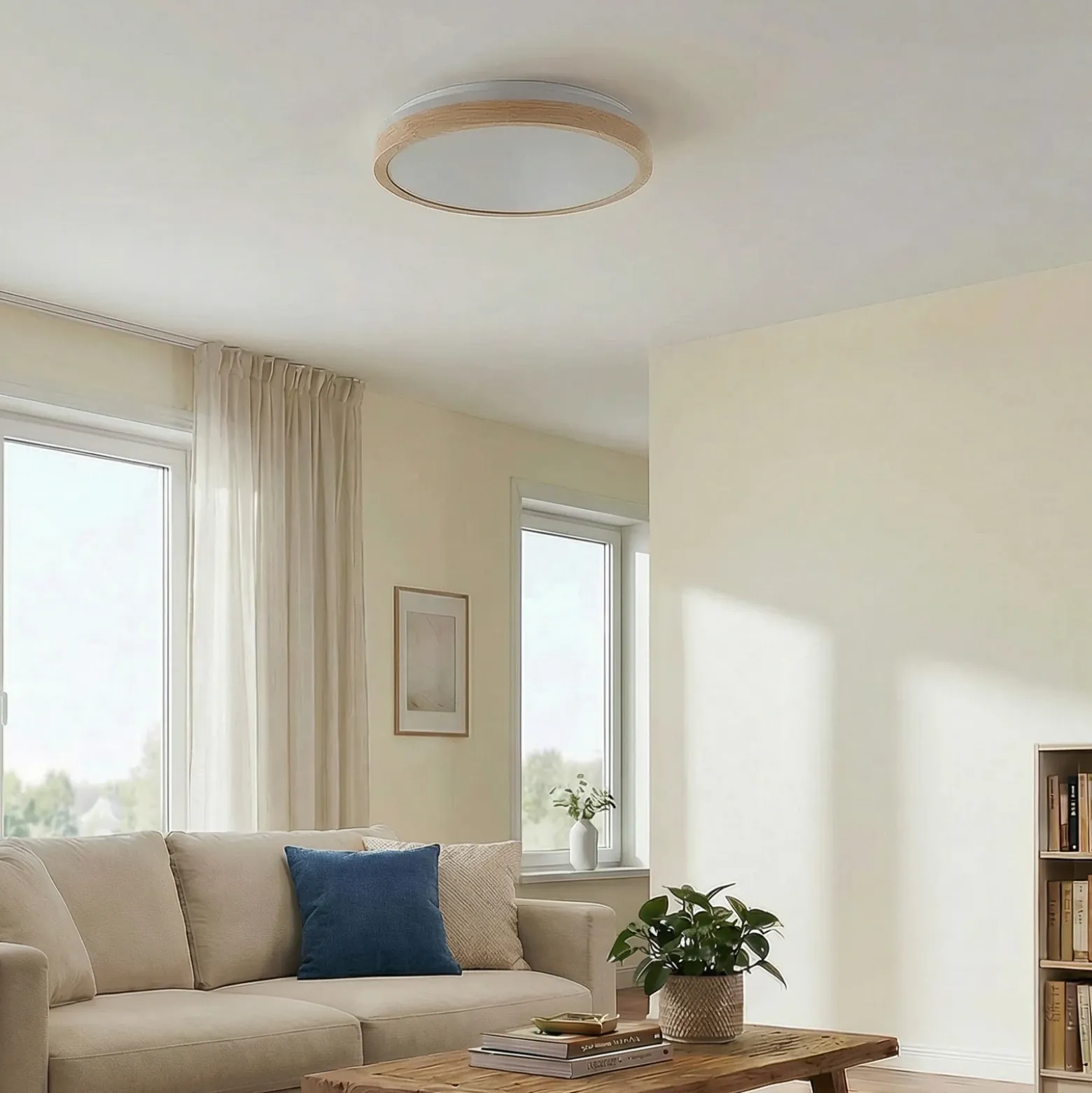 Lámpara LED de techo Lindby Emiva, Ø 49 cm, CCT, madera