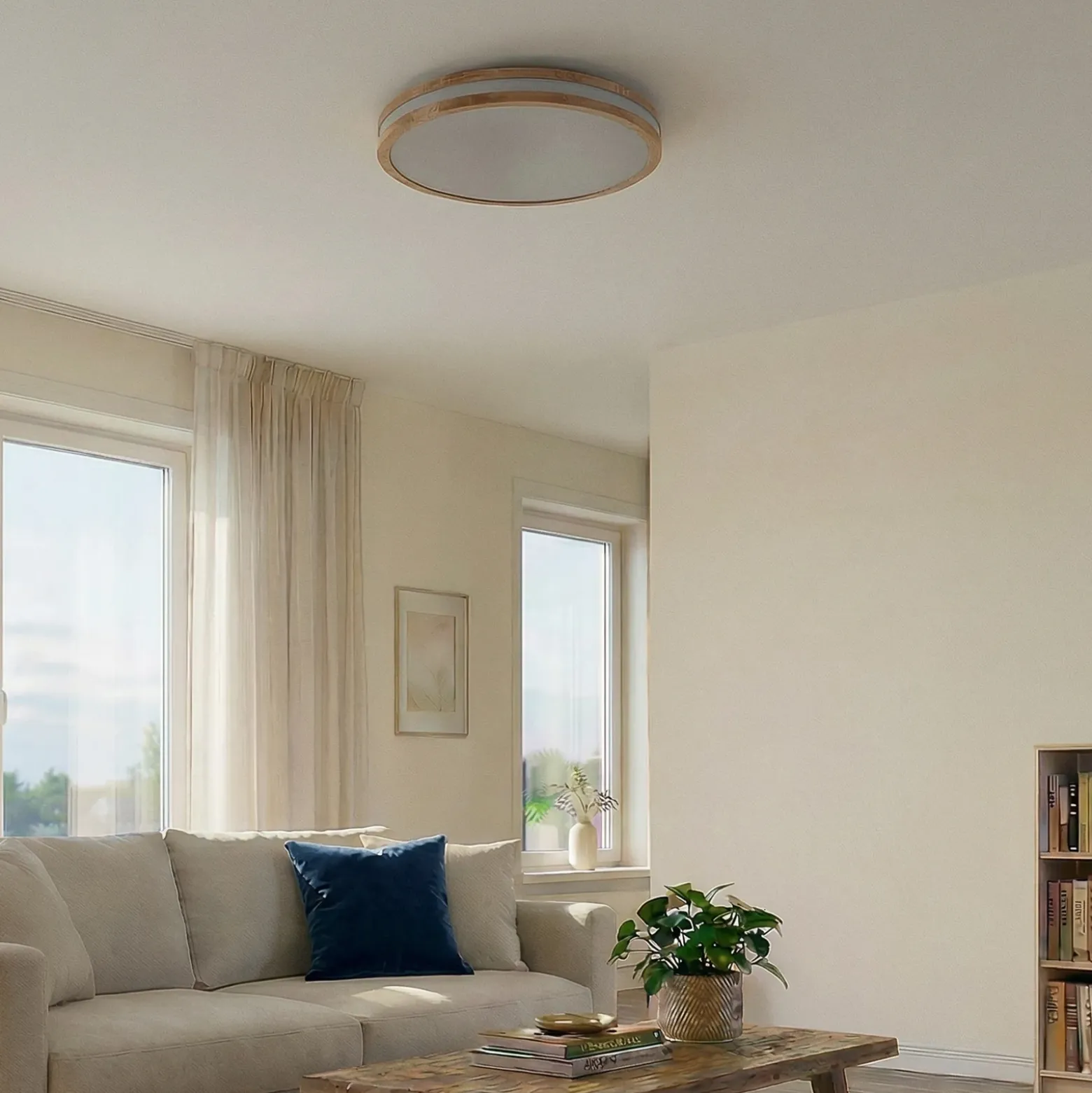 Lámpara LED de techo Lindby Emiva, 50 cm, madera clara, CCT