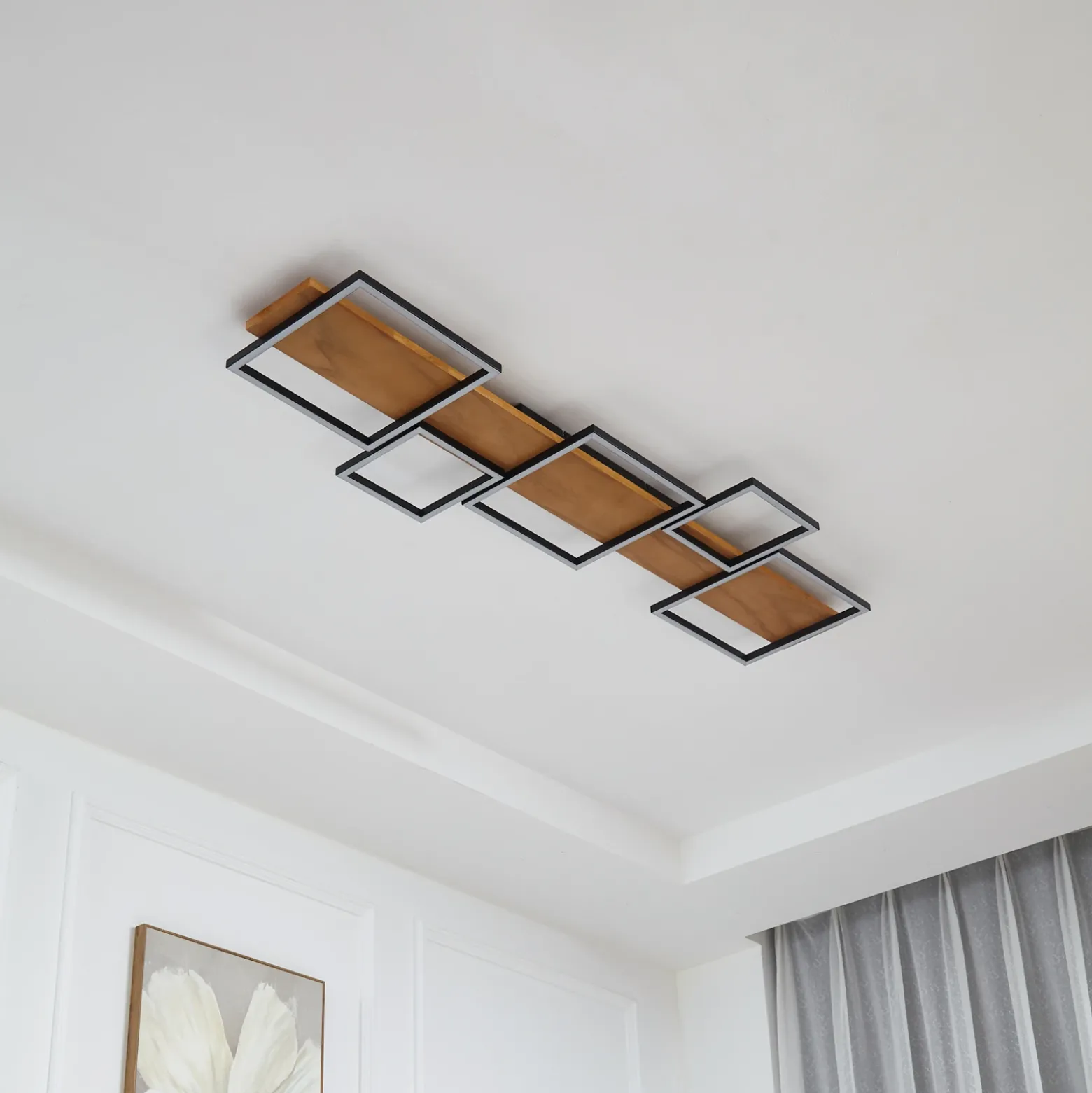 Lámpara LED de techo Lindby Galad, negra, madera, 5 luces, 140 cm