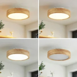 Lámpara LED de techo Lindby Lanira, Ø 30 cm, madera, control remoto, CCT