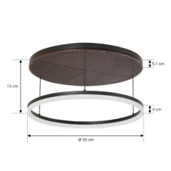 Lámpara LED de techo Lucande Orven, negro/madera, Ø50 cm, atenuable