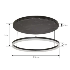 lámpara LED de techo Lucande Orven, negro/mármol, Ø 50 cm, atenuable.