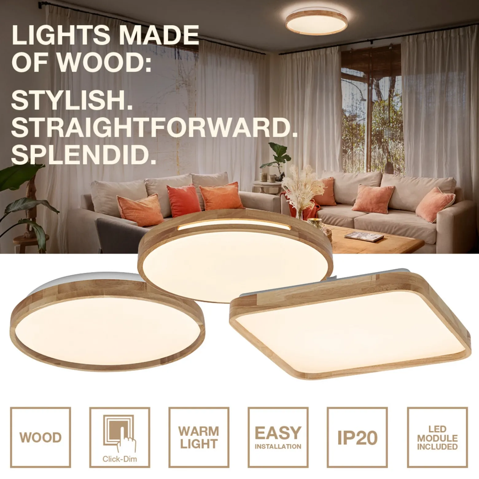 Lámpara LED de techo ORBIS ALICIA de OSRAM, 50 x 50 cm, madera, ClickDim
