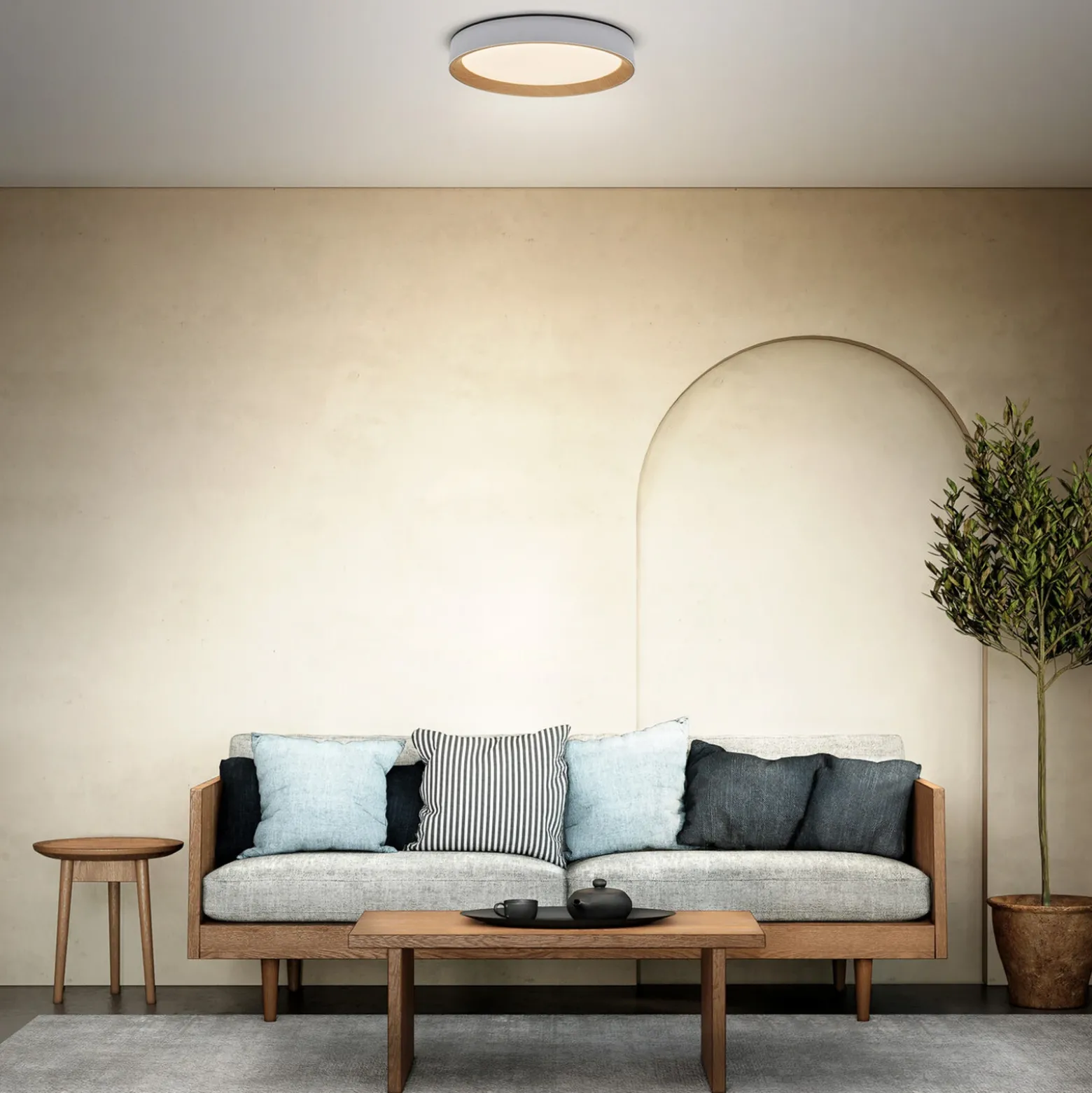 Lámpara LED de techo ORBIS LARIOS de OSRAM, blanco/madera, Ø 49 cm, atenuable